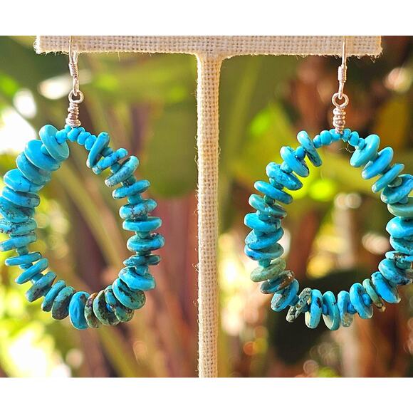 Sleeping Beauty Turquoise Sterling Silver Artisan Hoop Earrings - Picture 3 of 8